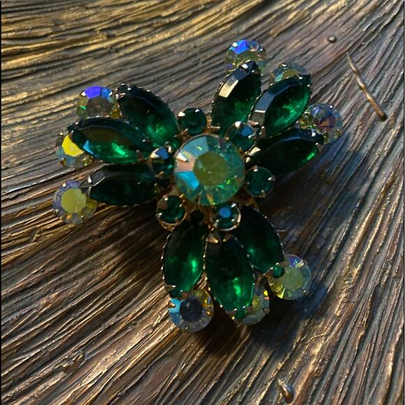 Vintage Green Rhinestones and Aurora Borealis Rhinestone Brooch - Picture 1 of 3